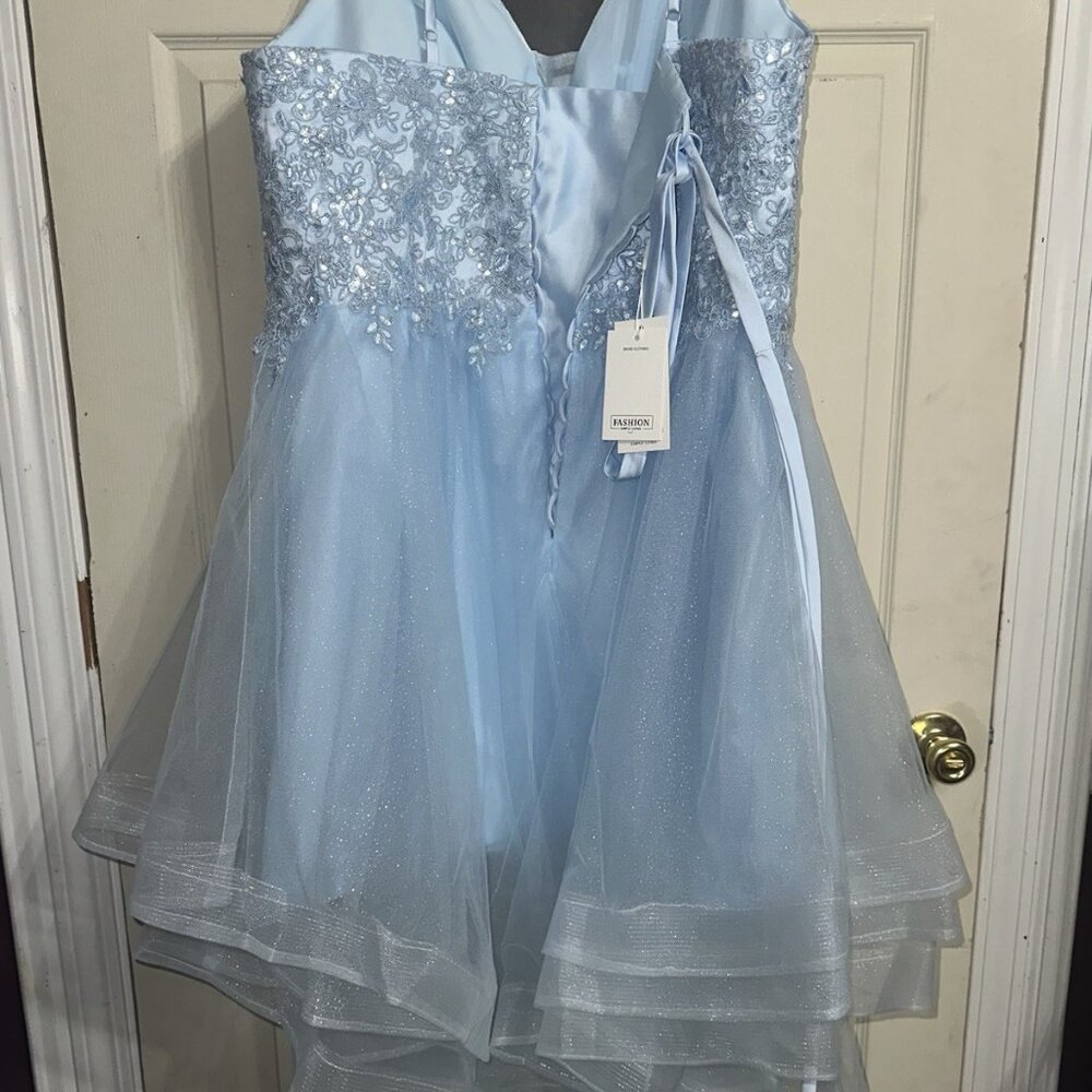 24W Plus Size Blue Lace Applique Hi-Low Tulle Party Prom Homecoming Dress - Picture 2 of 5